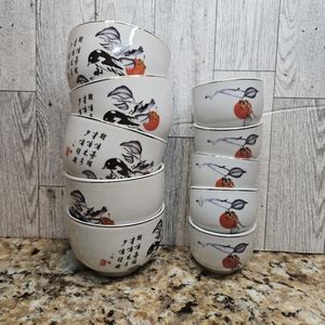 Asian Chinese Porcelain Tea Cup SET OF 10 Saki Teacups 2 Sizes Vintage Tea